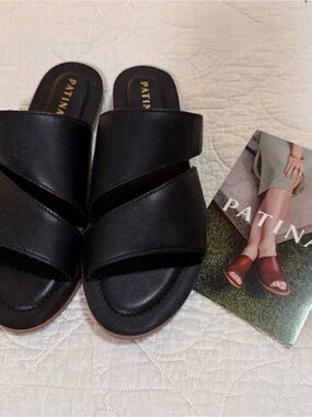 Patina Black Cross-Strap Slide Sandals - Women's